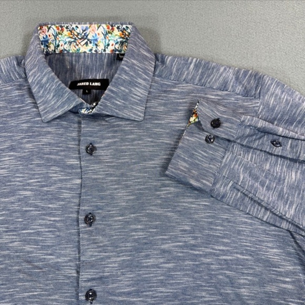 Jared Lang Mens Blue Slub Knit Floral Trim Cotton Button Down Shirt Large